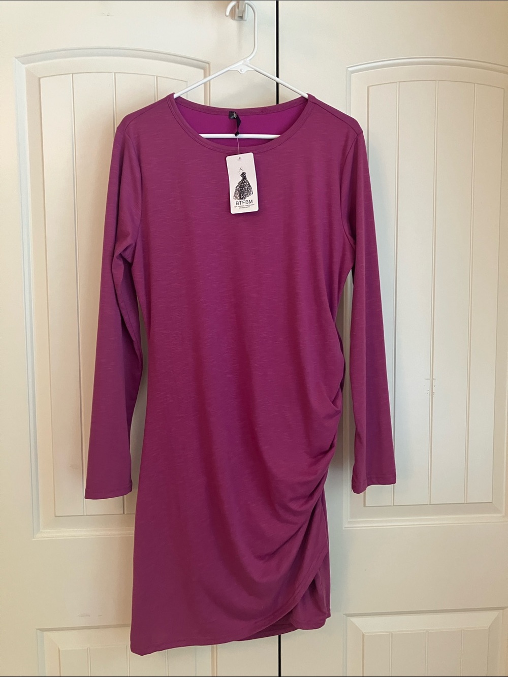 Ruched Asymmetrical Long-Sleeve Dress in Magenta